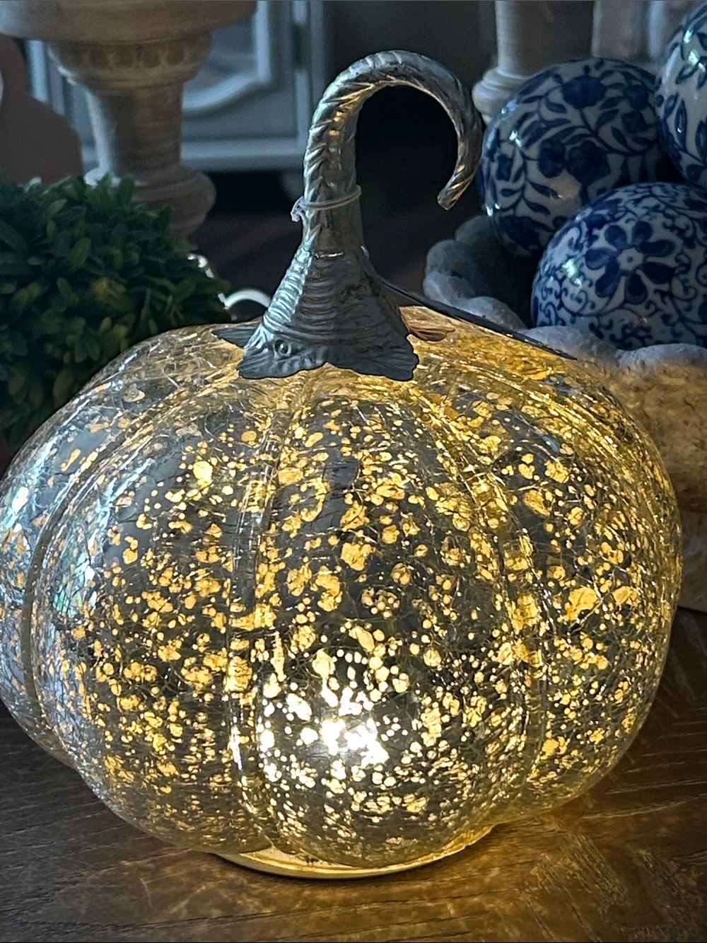 NEW! Vintage Inspired Mercury Glass Silver Fall Harvest Pumpkin Light